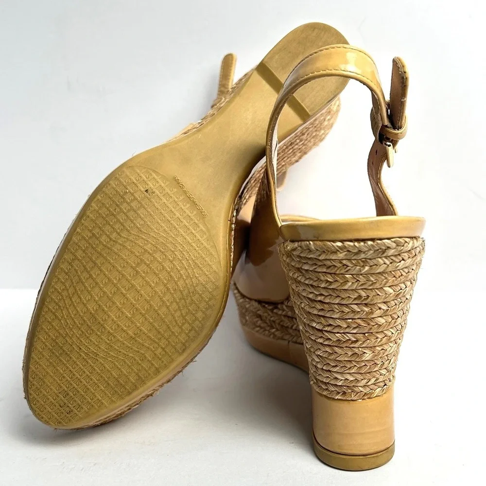 Stuart Weitzman Espadrille Peep Toe Wedge Heels Sandals Camel Tan Patent Leather - Picture 10 of 15